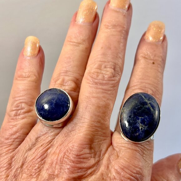 2 Rings Israel 925 Sterling Silver Lapis Lazuli Bezel Set Stones Adjustable Band - Picture 2 of 12